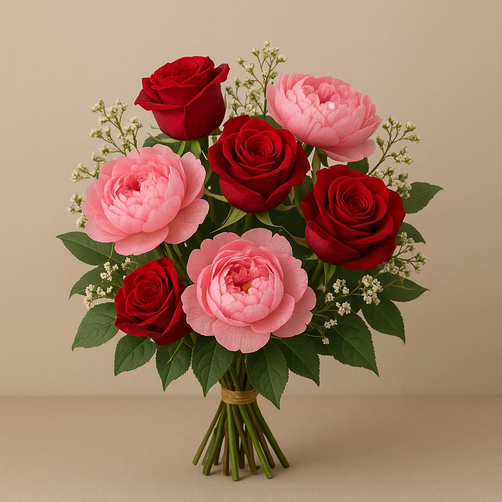 Elegant bouquet of red roses and pink peonies arranged with white filler flowers and green leaves, set against a plain beige background.