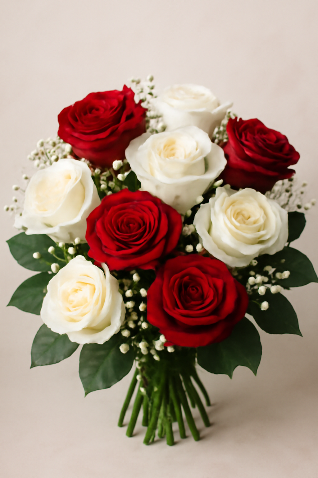 Close-up of a bouquet featuring fresh red and white roses accented with delicate baby's breath and green leaves, arranged elegantly against a soft neutral background.