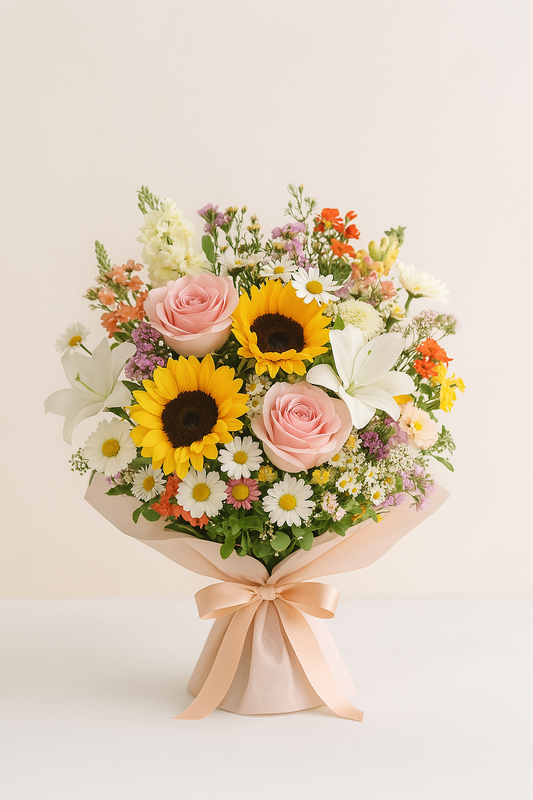 Fresh mixed bouquet featuring pink roses, sunflowers, white lilies, and daisies, wrapped with a soft ribbon, perfect for expressing gratitude.
