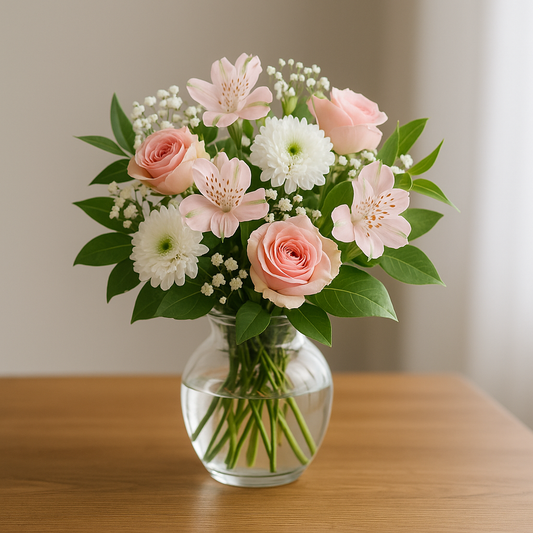 A fresh bouquet of pink roses, white chrysanthemums, and baby’s breath arranged in a clear glass vase on a wooden table, captured with soft natural light in a clean, minimal setting.