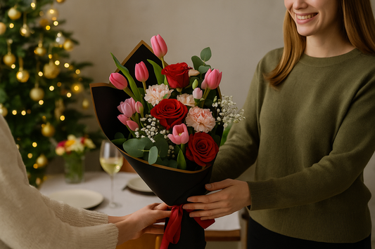 A courier delivering a bouquet of fresh flowers in a stylish paper wrap, symbolising surprise and joy for romantic and festive moments.