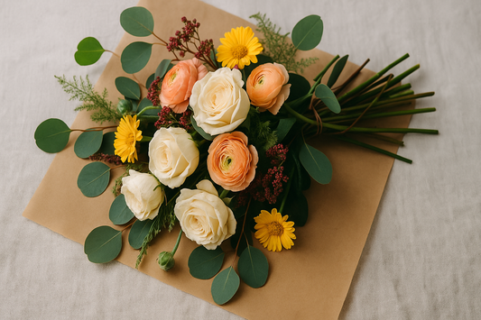 Eco-friendly floral bouquet with white roses, peach ranunculus, yellow daisies, and eucalyptus leaves wrapped in kraft paper on a rustic table – sustainable flower arrangement UK.