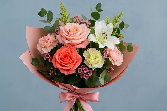 “Elegant custom bouquet featuring roses, lilies, carnations, and greenery wrapped in pink paper with a satin ribbon, symbolizing a unique flower arrangement by request.”