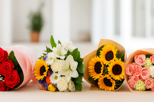 “Five popular flower bouquets including red roses, mixed seasonal blooms, white lilies with roses, bright sunflowers, and pink roses with carnations arranged together on a table.”