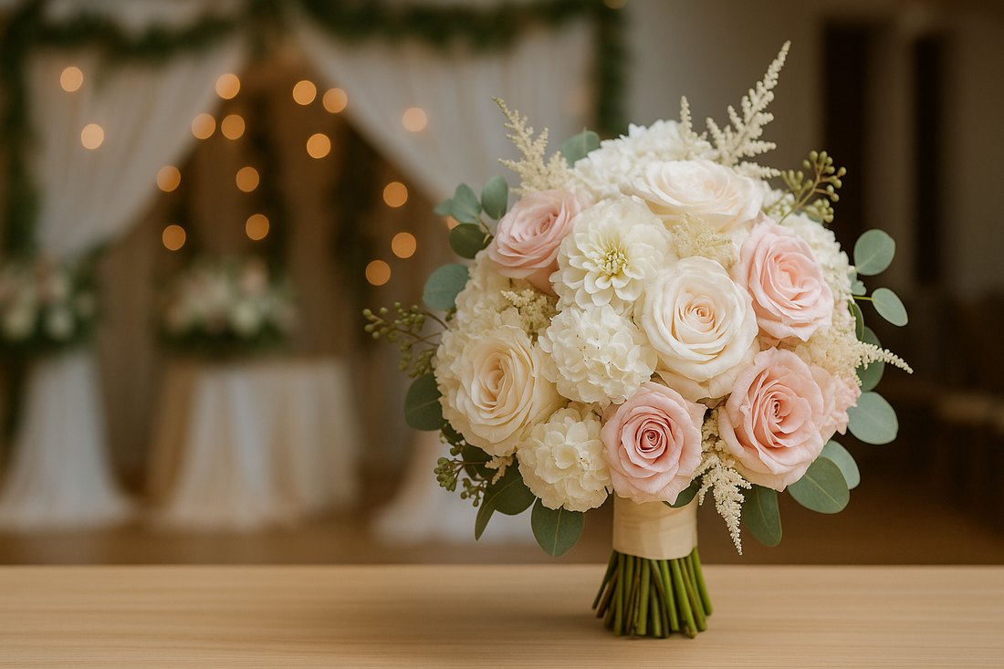 “Elegant bridal bouquet with soft pink roses, white hydrangeas, and cream dahlias, tied with a satin ribbon, placed in a romantic wedding venue with blurred drapery and warm fairy lights in the background.”