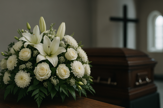 “Elegant funeral flower arrangement with white lilies, roses, and chrysanthemums placed in front of a wooden casket inside a chapel with a cross in the background.”
