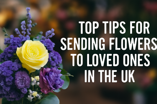 Close-up of a vibrant bouquet featuring yellow roses, purple statice, and other colorful flowers, with bold white text overlay that reads 'Top Tips for Sending Flowers to Loved Ones in the UK
