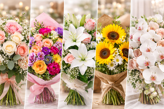 A collection of five popular bouquets in London for 2025, including pastel roses, vibrant mixed flowers, white lilies, bright sunflowers, and elegant orchids, each arranged with greenery and tied with ribbons or twine.