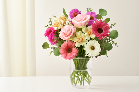 Vibrant bouquet featuring pale pink roses, cream alstroemeria, deep pink gerbera daisies, and purple-pink stock flowers arranged in a clear cylindrical glass vase, partially filled with water, set against a soft, natural backdrop.