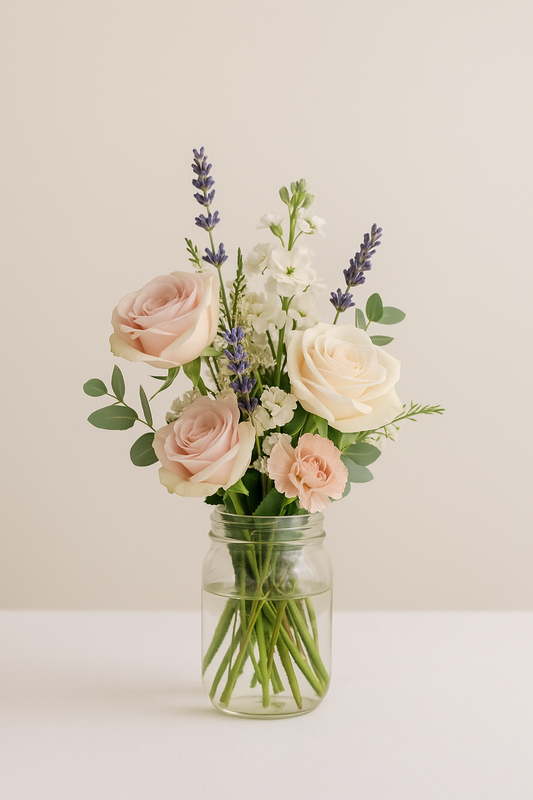 A simple, elegant bouquet featuring soft pink roses, lavender, and white flowers arranged in a glass jar, placed against a plain beige background on a white table.