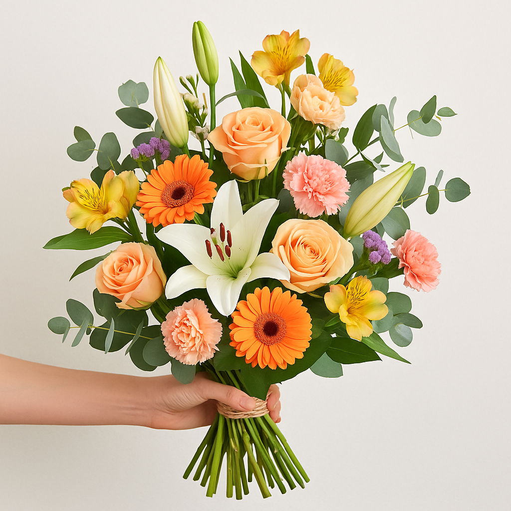 Hand-tied UK flower bouquet with lilies, gerberas, and roses – perfect for birthdays, anniversaries, and gift delivery in the UK