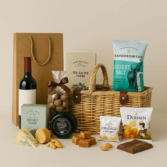 A neatly arranged collection of luxury gift hampers featuring wine, cheese, chocolates, and gourmet snacks on a wooden table, styled in a warm and elegant setting for premium gifting in the UK.