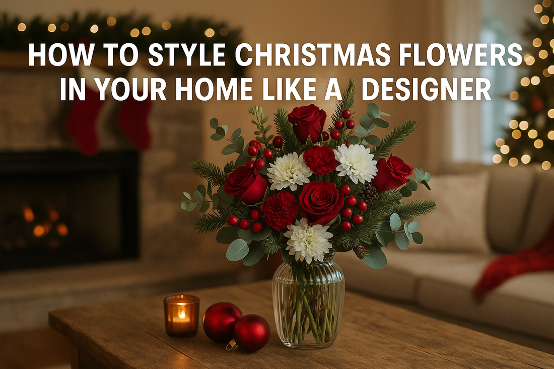 Christmas floral arrangement with red roses, white chrysanthemums, pine greenery, and berries styled in a clear vase on a wooden table inside a cozy decorated living room with warm festive lighting.