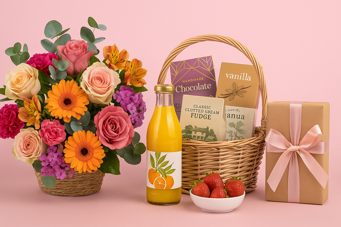 UK flower and hamper gift set featuring a vibrant bouquet of roses, gerberas, and carnations paired with chocolates, fudge, vanilla treats, fresh strawberries, and a bottle of orange juice – perfect for birthdays and anniversaries from flowerbouquet.co.uk