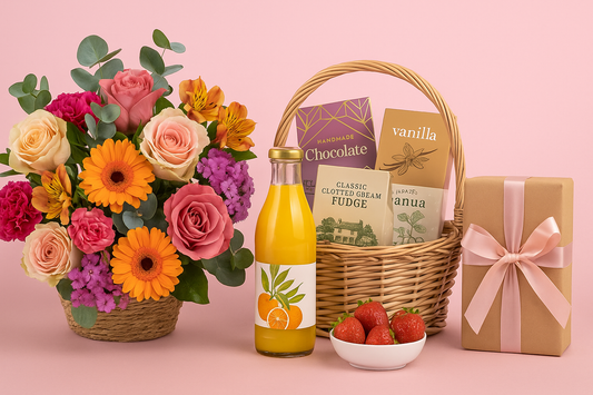 UK flower and hamper gift set featuring a vibrant bouquet of roses, gerberas, and carnations paired with chocolates, fudge, vanilla treats, fresh strawberries, and a bottle of orange juice – perfect for birthdays and anniversaries from flowerbouquet.co.uk