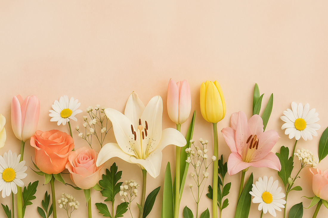 Soft pastel flat-lay of assorted spring flowers including roses, daisies, lilies, and tulips arranged neatly on a peach background — symbolizing freshness, elegance, and natural beauty.