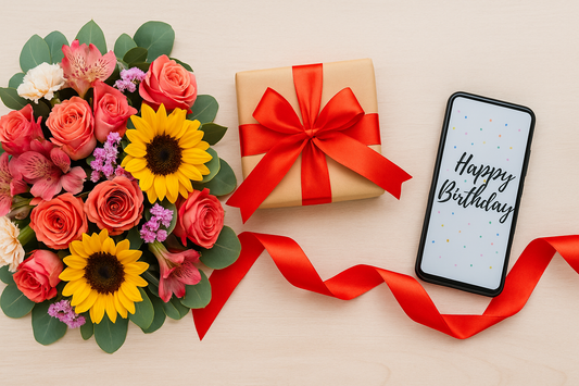 Colorful bouquet of roses, sunflowers, and lilies placed beside a wrapped gift with red ribbon and a smartphone showing Happy Birthday message, symbolizing birthday surprise in the UK