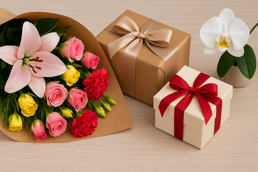 Thank you flowers in the UK with bouquet of lilies, roses, carnations, and orchid plant alongside wrapped gift boxes for same-day delivery London, Manchester, Birmingham, Leeds