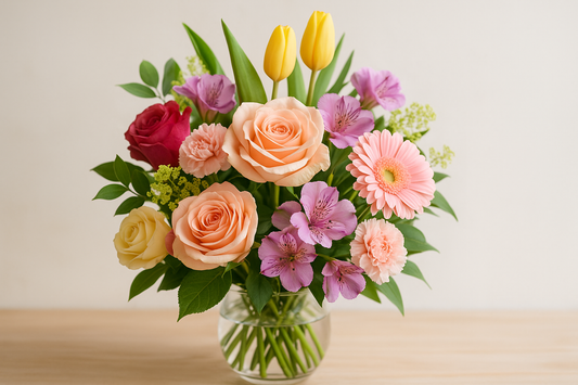 A fresh flower bouquet in a clear glass vase with roses, tulips, gerbera daisies, carnations, and alstroemeria in soft pastel and bright colors, styled on a wooden table with natural lighting.