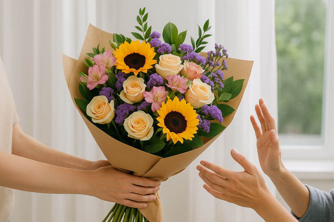 A realistic photo of a vibrant flower bouquet with sunflowers, roses, and mixed blooms being gifted from one person to another, symbolizing flower delivery and gifting in the UK.
