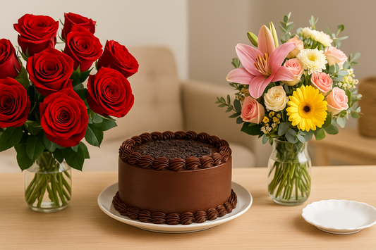 Elegant UK gift setup with a red rose bouquet, a mixed flower arrangement, and a rich chocolate cake on a table, symbolizing online flower and cake delivery for birthdays, anniversaries, and special occasions.