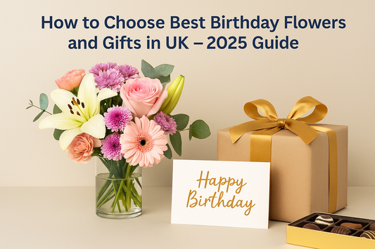 A beautiful birthday setup featuring a bouquet of pink roses, lilies, gerberas, and chrysanthemums in a glass vase, paired with a gold-ribboned gift box, chocolates, and a “Happy Birthday” card