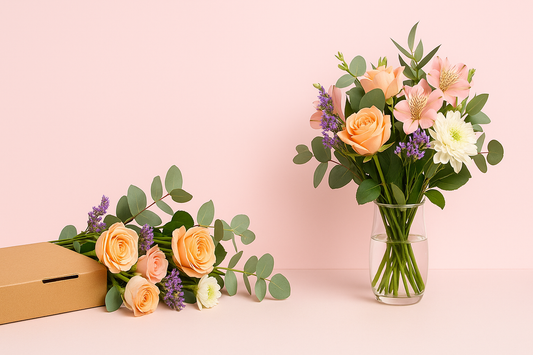 omparison of letterbox flowers in an open delivery box and a traditional bouquet in a glass vase, showcasing UK flower delivery options with roses, lilies, and greenery on a soft pastel background