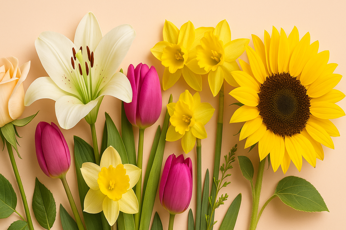 Elegant arrangement of symbolic flowers including roses, lilies, tulips, daffodils, and a sunflower on a soft pastel background, representing the secret language of flowers.