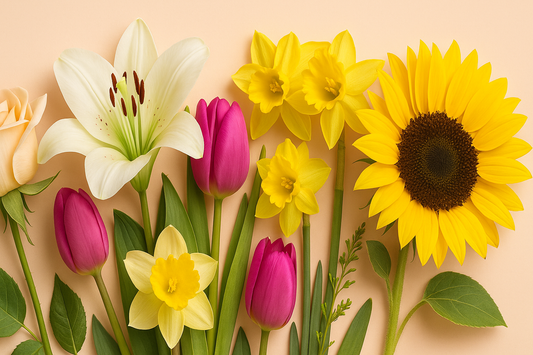 Elegant arrangement of symbolic flowers including roses, lilies, tulips, daffodils, and a sunflower on a soft pastel background, representing the secret language of flowers.