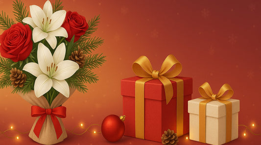 "Elegant Christmas bouquet with red roses, white lilies, and pine sprigs beside golden gift boxes, festive holiday flowers and gifts banner."
