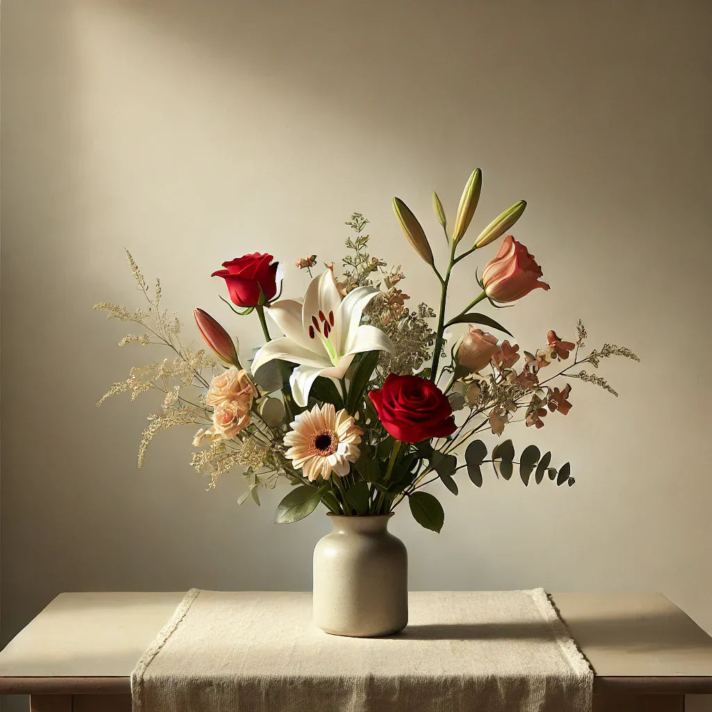 Simple and elegant flower bouquet with red roses, white lilies, and sunflowers in a basic vase, perfect for home decoration in the UK.