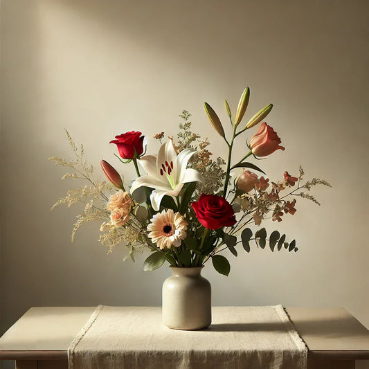 Simple and elegant flower bouquet with red roses, white lilies, and sunflowers in a basic vase, perfect for home decoration in the UK.