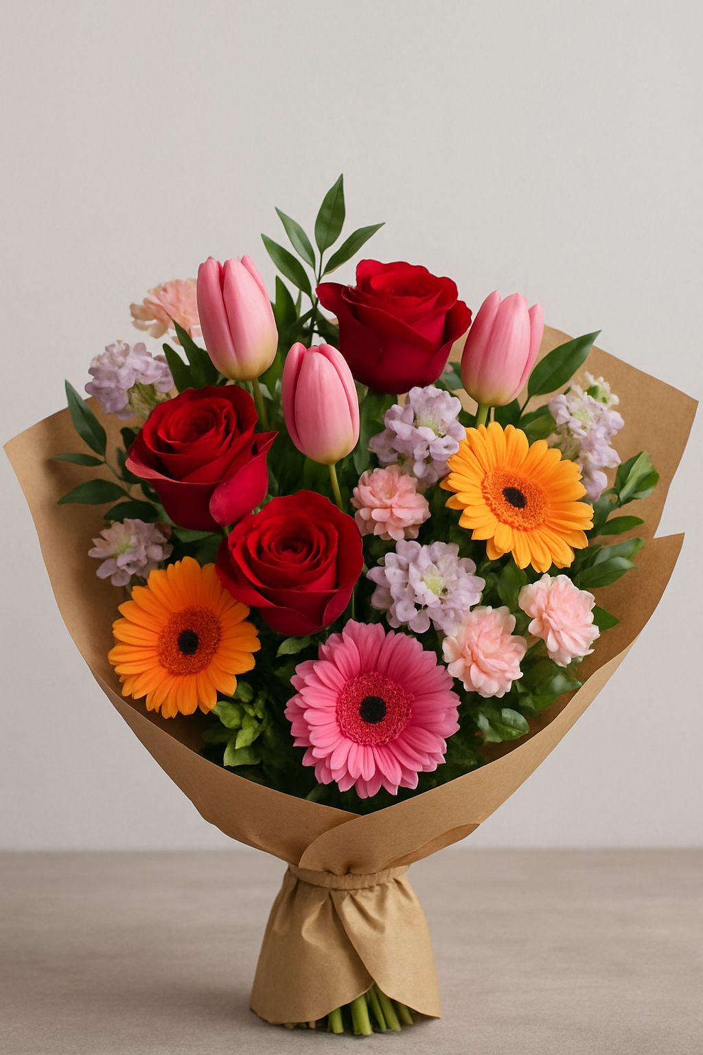 Realistic bouquet with red roses, tulips, gerbera daisies, and pastel flowers.