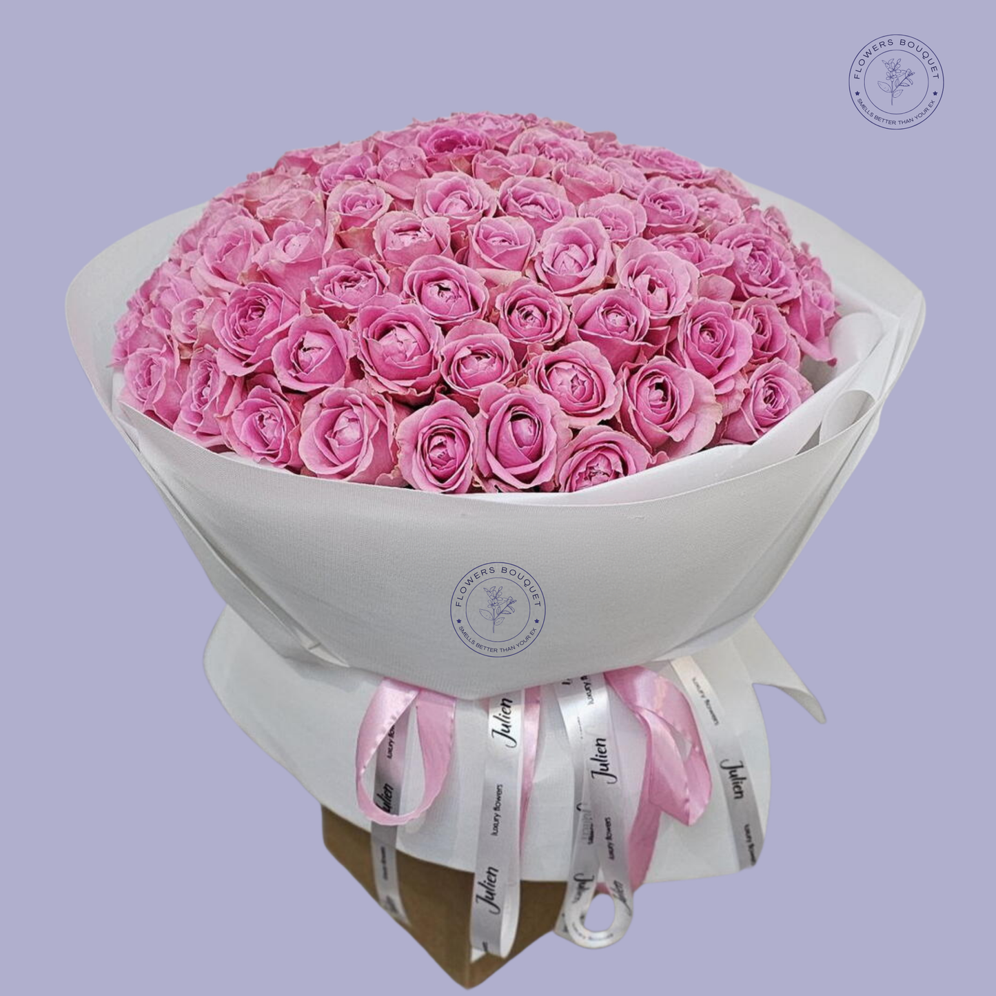 100 Pink Roses Luxury Bouquet with premium pink roses wrapped in elegant white paper and tied with pink satin ribbons.