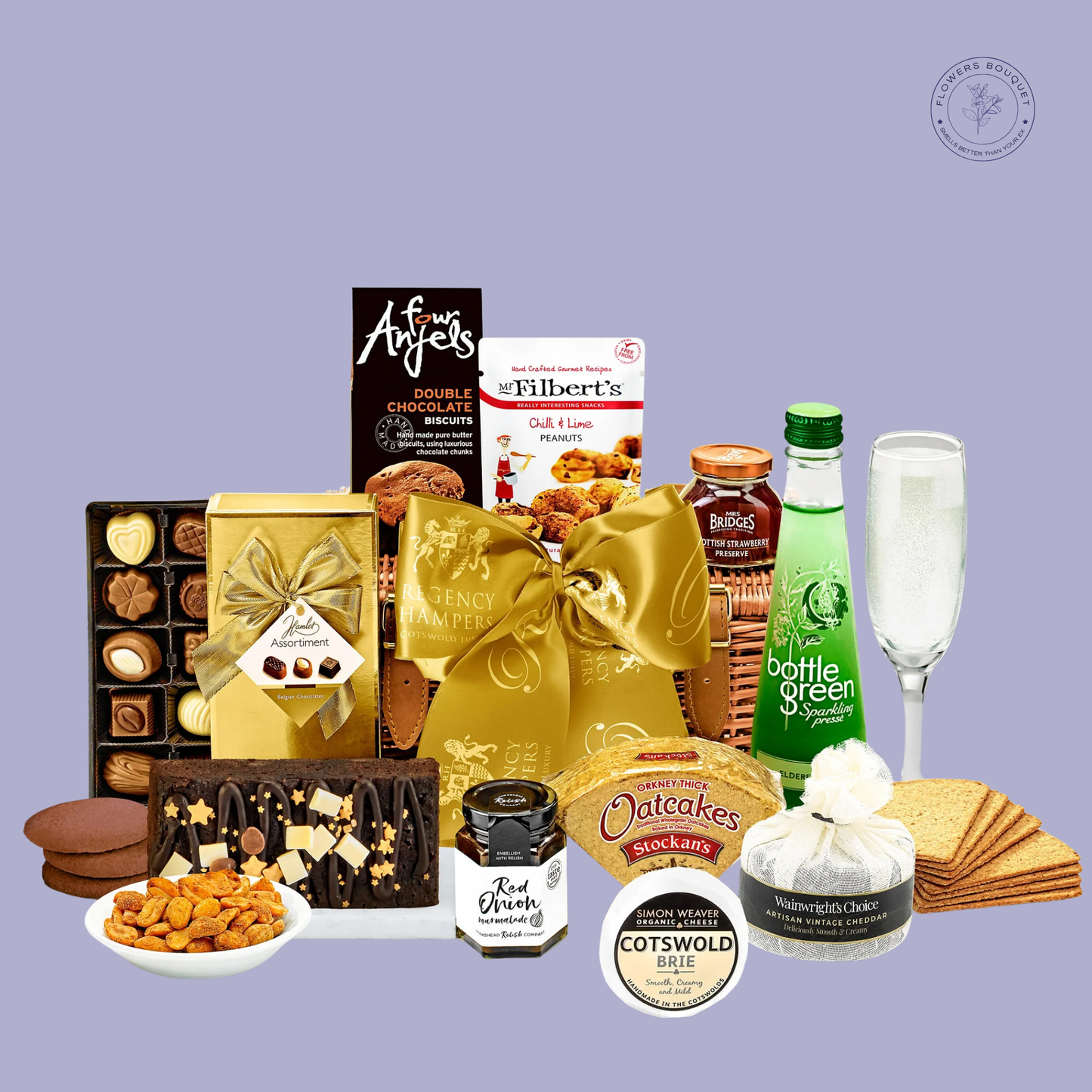 A luxurious gift basket featuring sparkling elderflower pressé, double chocolate biscuits, oatcakes, assorted chocolates, preserves, cheese, and a festive chocolate loaf cake, wrapped with a golden ribbon.