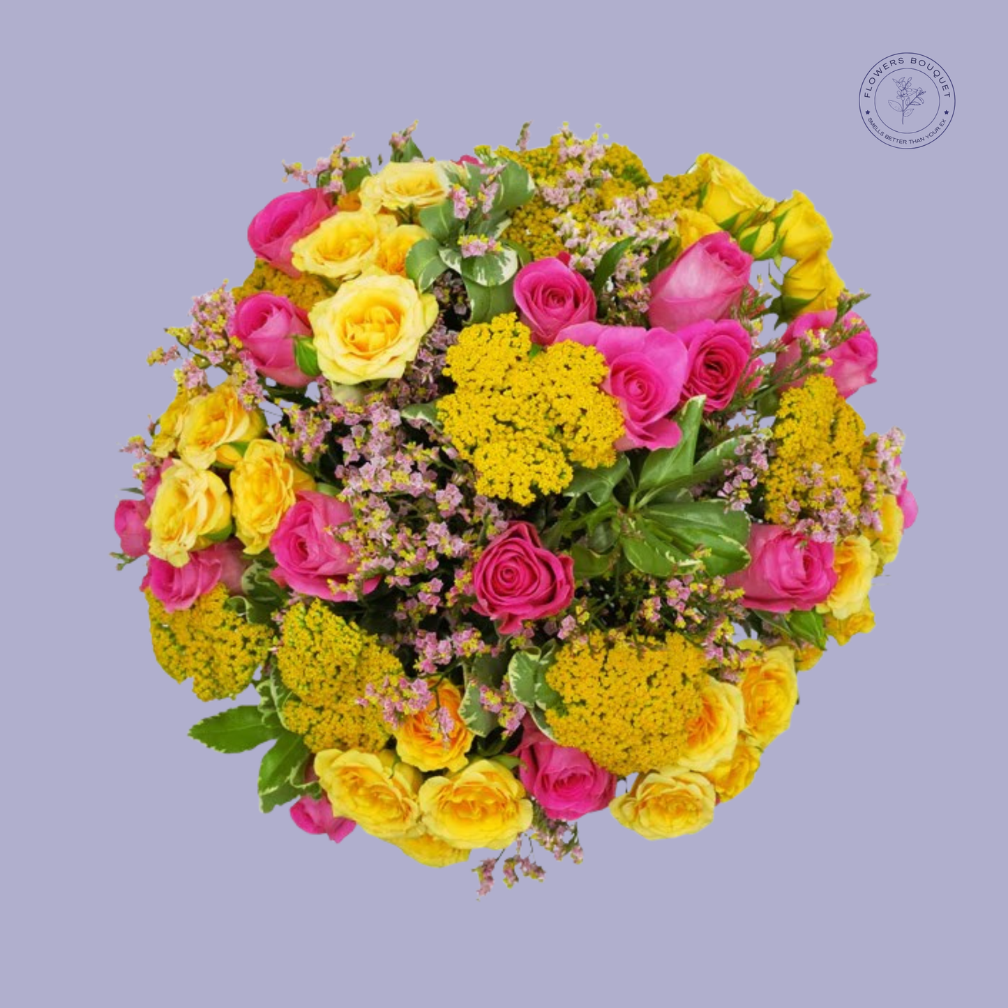 Colorful Mixed Roses and Yellow Yarrow Bouquet