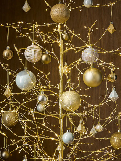 Luxury gold Christmas bauble set with 50 assorted ornaments in matte, shiny, and glitter finishes for festive tree decoration.