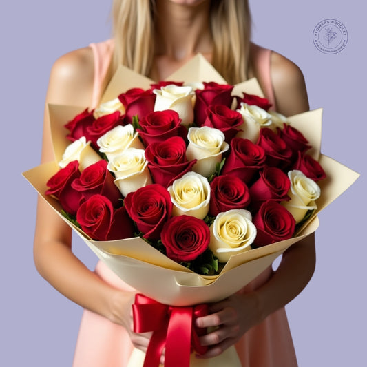 5O red and white roses bouquet in beautiful wrapping
