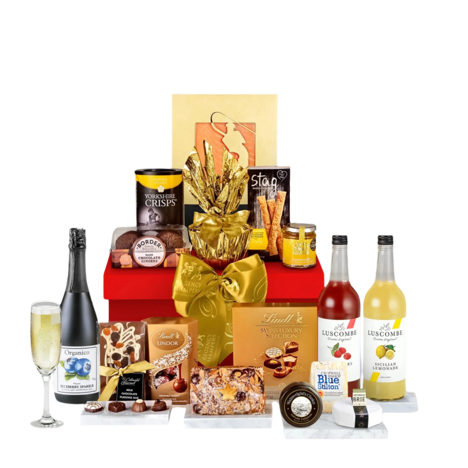 A regal red gift box featuring Luscombe pressés, premium chocolates, artisanal breadsticks, Yorkshire crisps, luxury fruitcake, and cheeses, wrapped with a golden ribbon.
