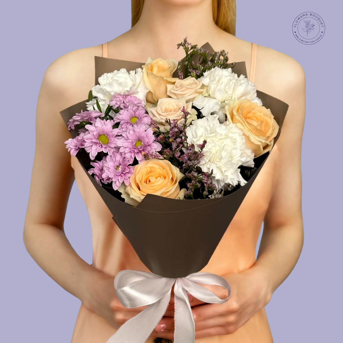 A sophisticated bouquet of peach roses, white carnations, and purple chrysanthemums wrapped in elegant black paper with a white satin bow, perfect for special occasions.