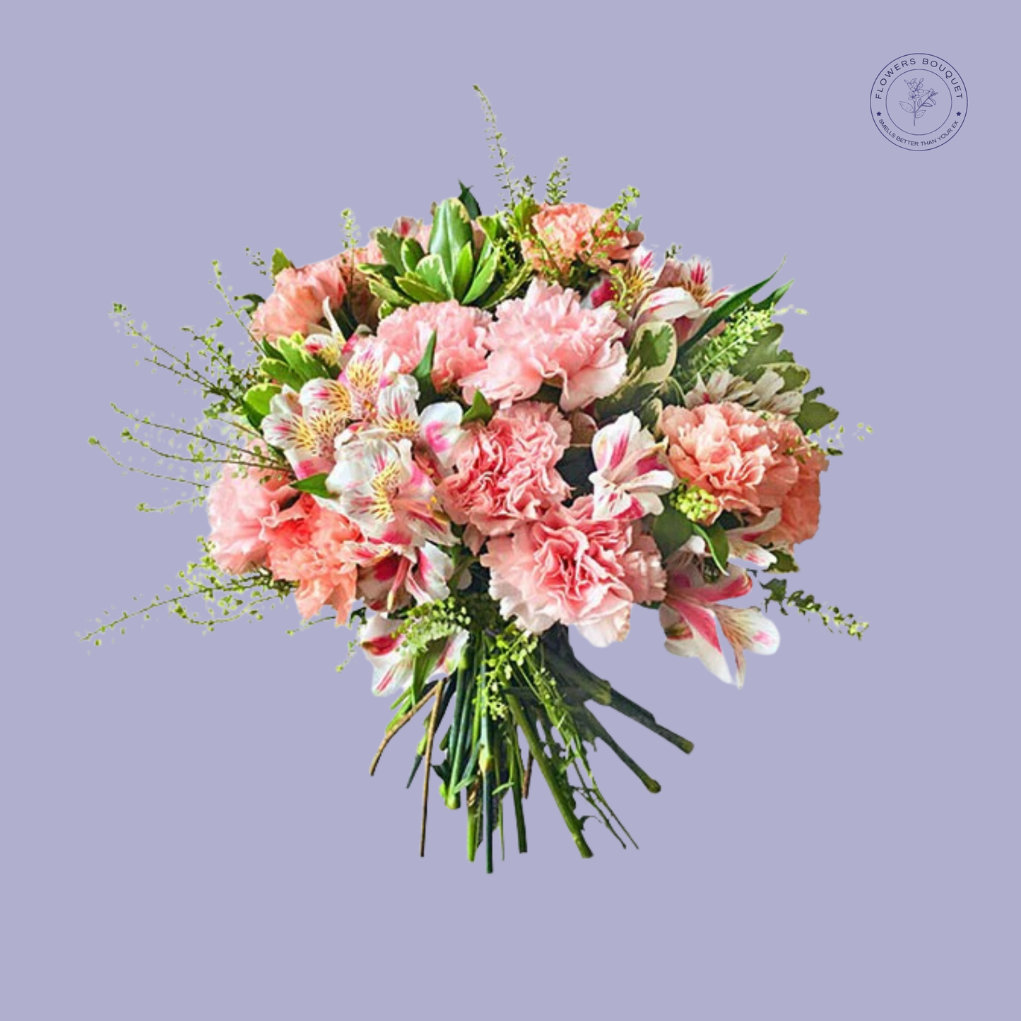 Soft pink carnations and alstroemeria lilies arranged in a beautiful bouquet.