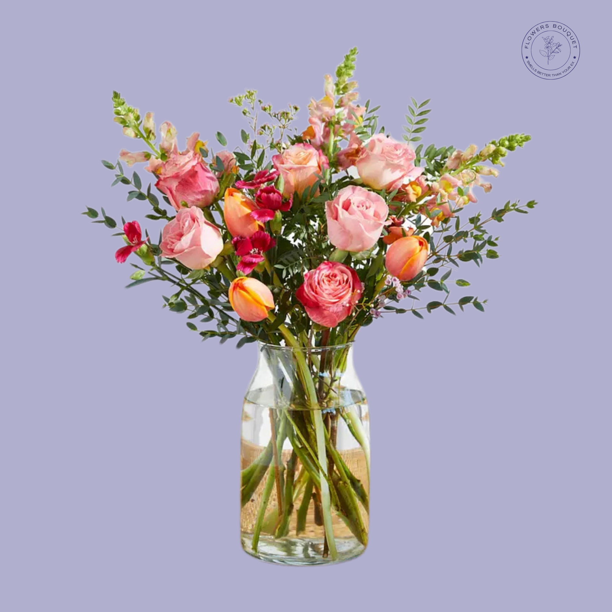 A charming bouquet called "Blush Radiance," featuring pink roses, peach tulips, snapdragons, spray roses, and spray carnations in a clear glass vase.
