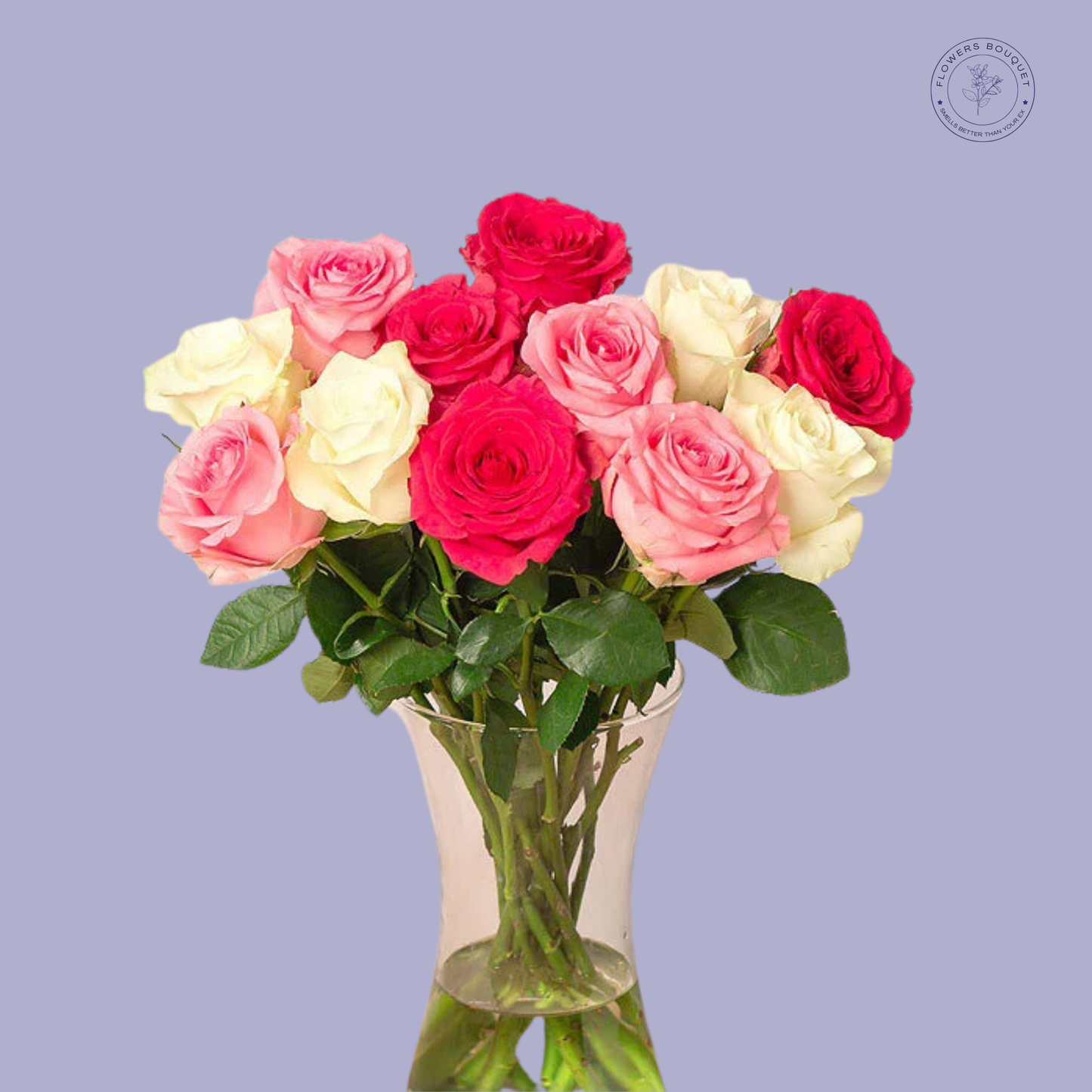Blushing Grace bouquet with pink, red, and white roses arranged in a glass vase, ideal for Valentine’s Day and romantic occasions.