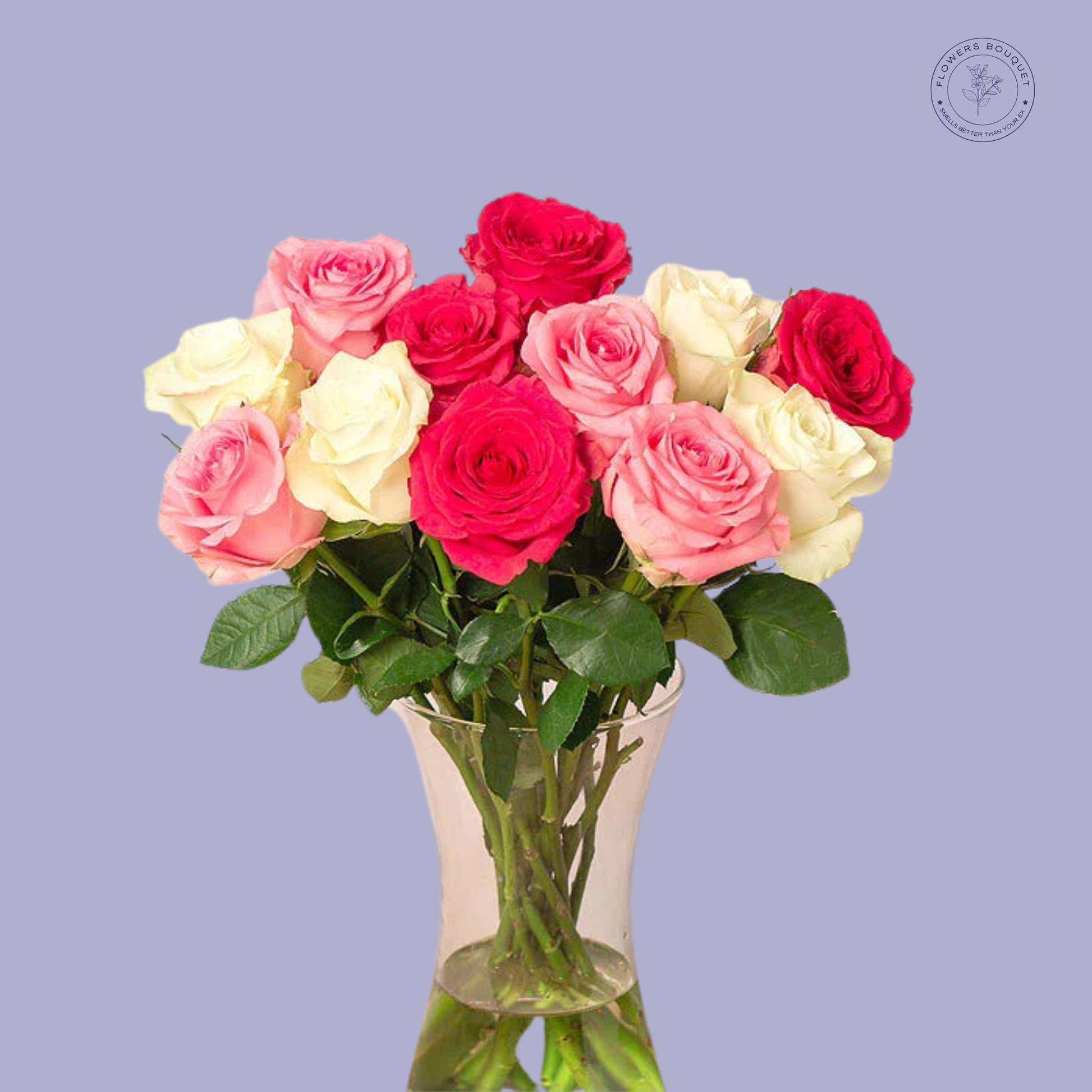 Blushing Grace bouquet with pink, red, and white roses arranged in a glass vase, ideal for Valentine’s Day and romantic occasions.