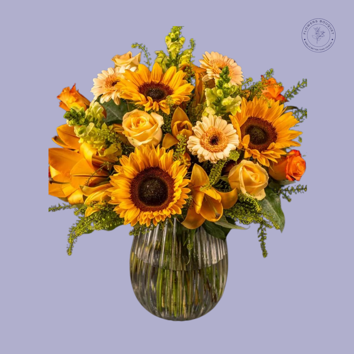 Bright bouquet of sunflowers, roses, and gerbera daisies in a vase.