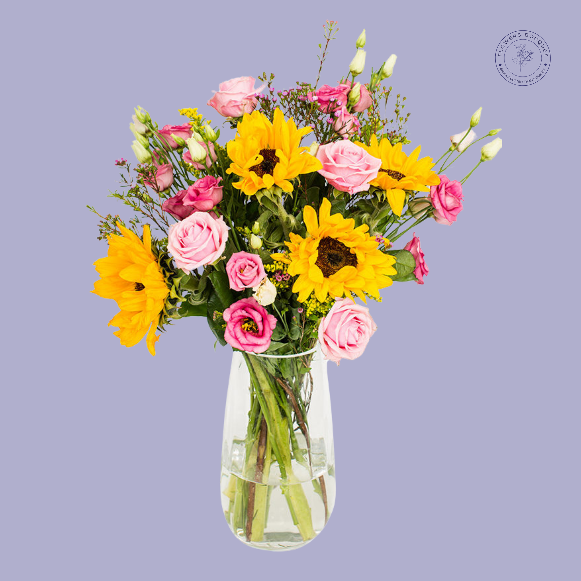 Bright Sunflower and Pink Rose Bouquet with sunflowers, pink roses, and lisianthus flowers.