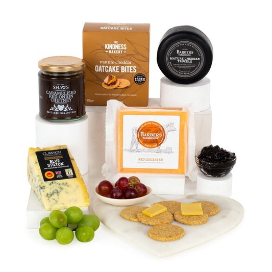 British cheese tasting box with cheddar, red leicester, stilton, oatcake bites and caramelised onion chutney – UK artisan savoury gift hamper

