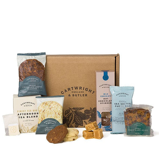 Cartwright & Butler afternoon tea gift hamper with biscuits, fudge, tea bags, and chocolate stirrer in a luxury gift box – perfect UK teatime treat