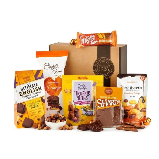 Chocolate orange and honeycomb gift box with fudge, truffles, biscuits, and nut mix – UK luxury sweets hamper in a 1926 presentation box

