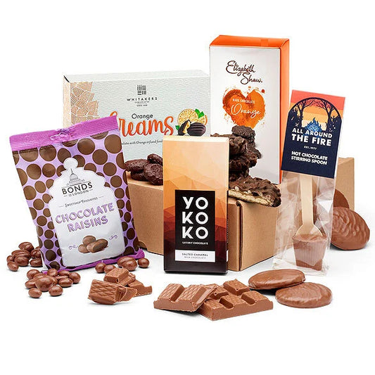 Chocolate orange lovers gift hamper with orange creams, dark chocolate biscuits, chocolate raisins, salted caramel bar and hot chocolate spoon – UK sweet gift box

